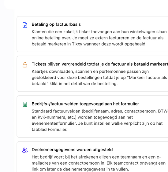 Verkoop tickets aan bedrijven en factureer ze zelf